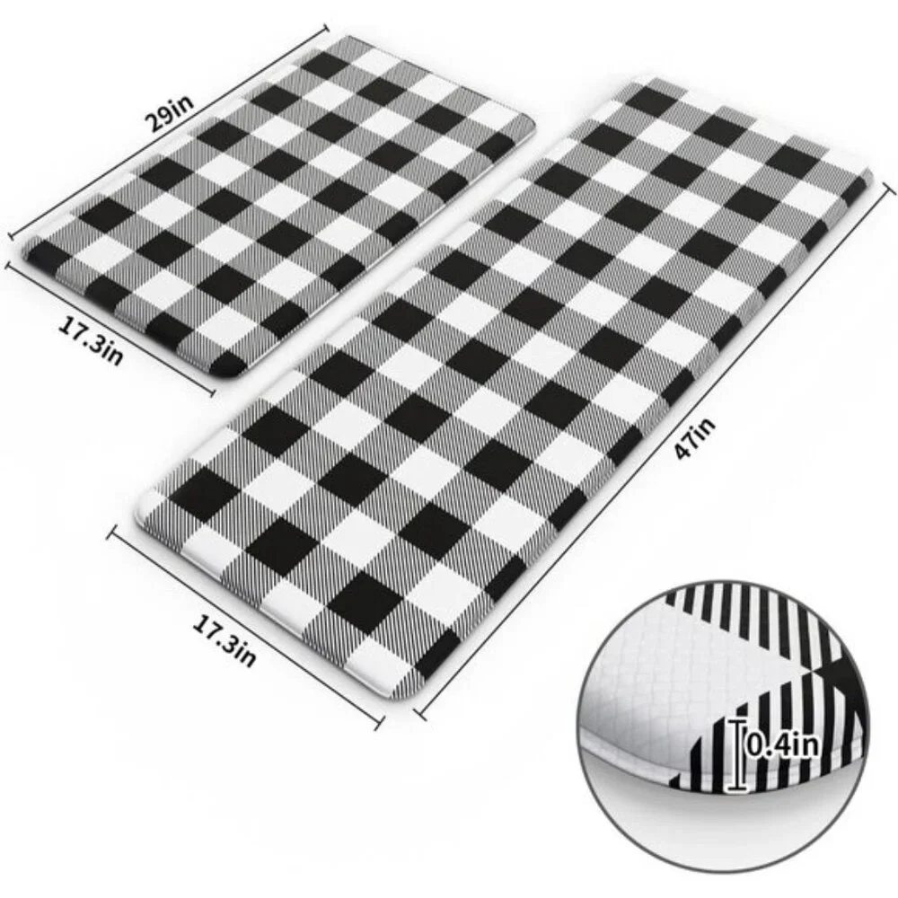 2Pcs Black White Farmhouse Kitchen Mats, Waterproof Anti Fatigue Non Slip Carpet